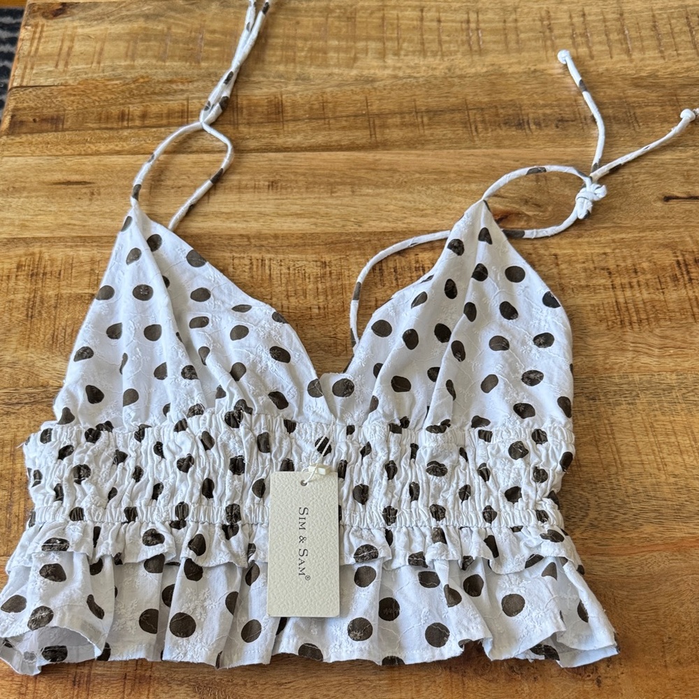 Sim & Sam 100% cotton white brown Polka Dot Smocked Crop Top XL NWT extra large